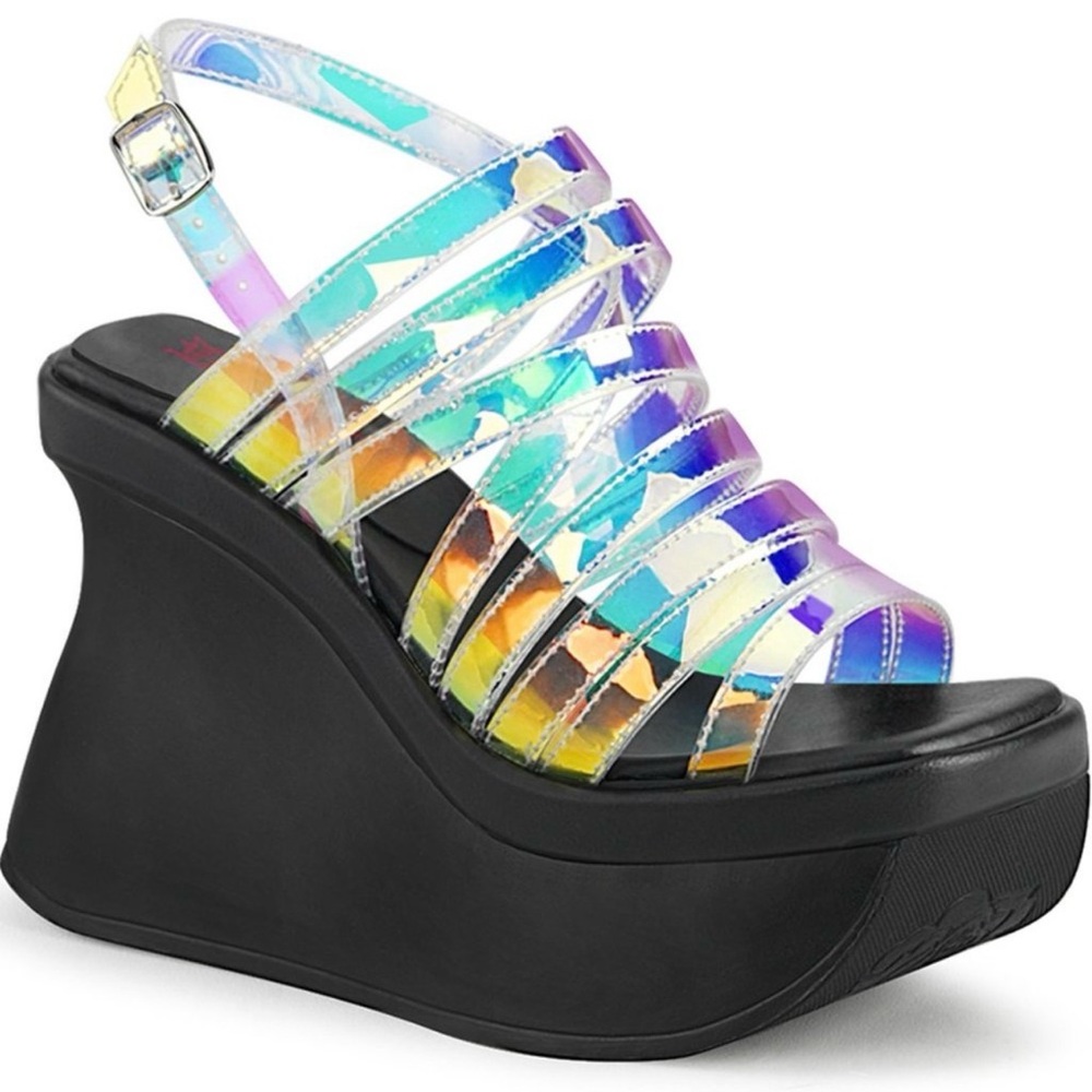 Demonia Pace 33 Magic Mirror Platform wedge iridescent strap sandals